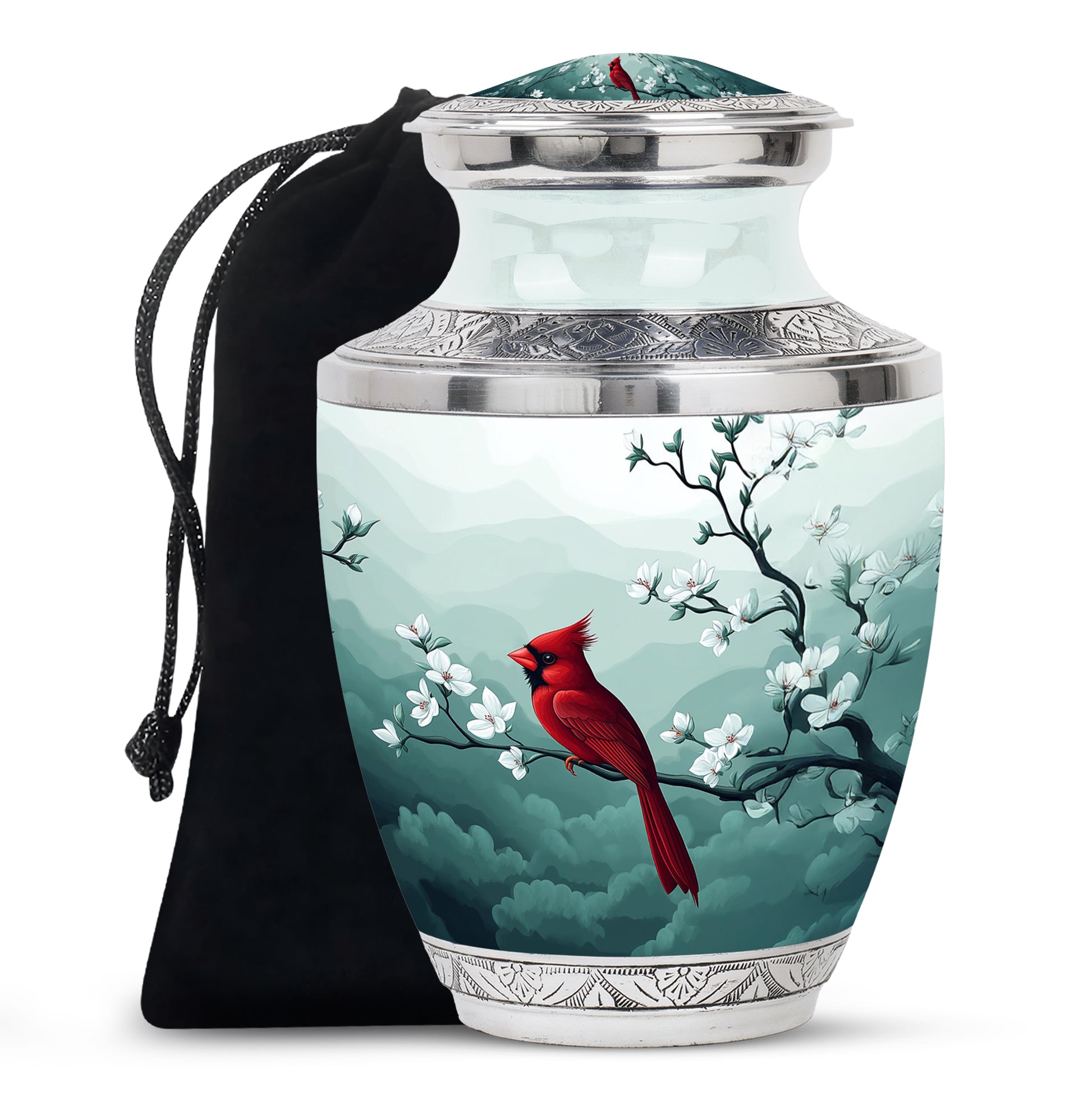 Cardinal Bird Memorial Urn - White Cherry Blossom Urn For Male & Female