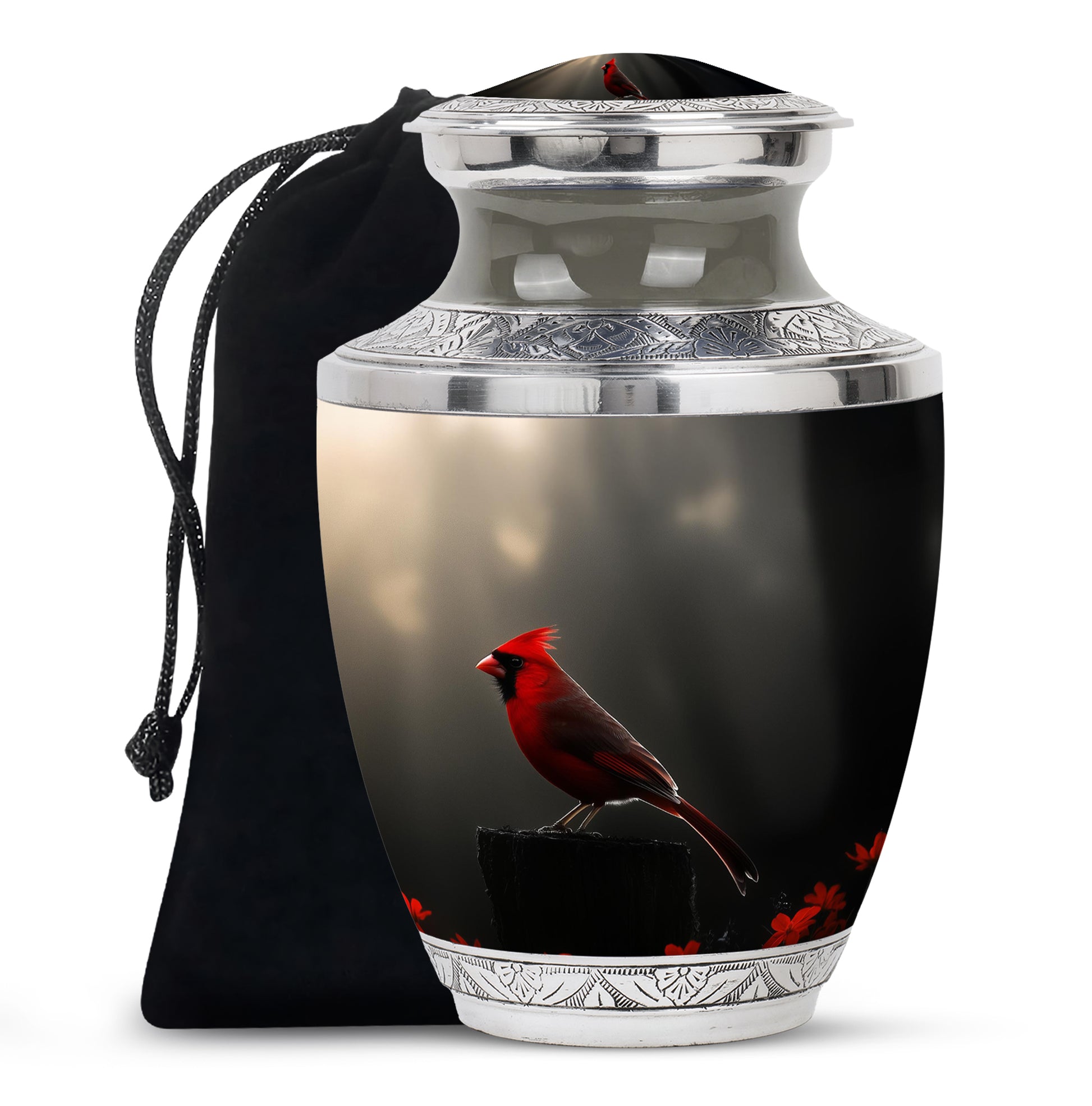 Cardinal Bird Black Cremation Urn - Modern Memorial Urn Adult