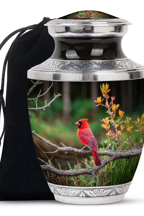 Forest Cardinal Funeral Urn - Green Aluminum Cremation Urn For Loved Ones