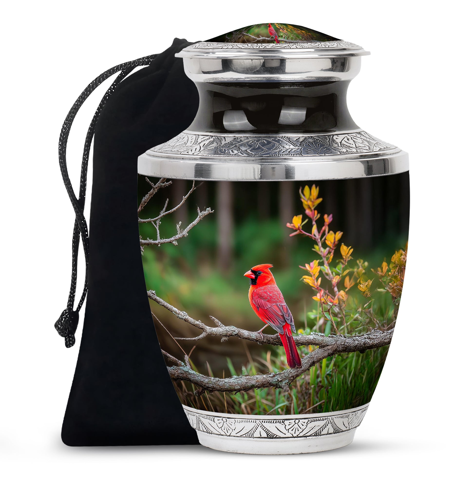Forest Cardinal Funeral Urn - Green Aluminum Cremation Urn For Loved Ones
