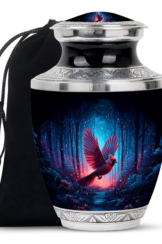 Forest Cardinal Bird Theme Funeral Urn - Black Large Aluminium Urn For Ashes