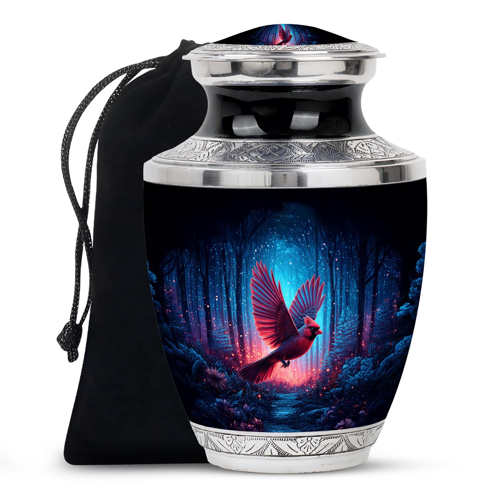 Forest Cardinal Bird Theme Funeral Urn - Black Large Aluminium Urn For Ashes