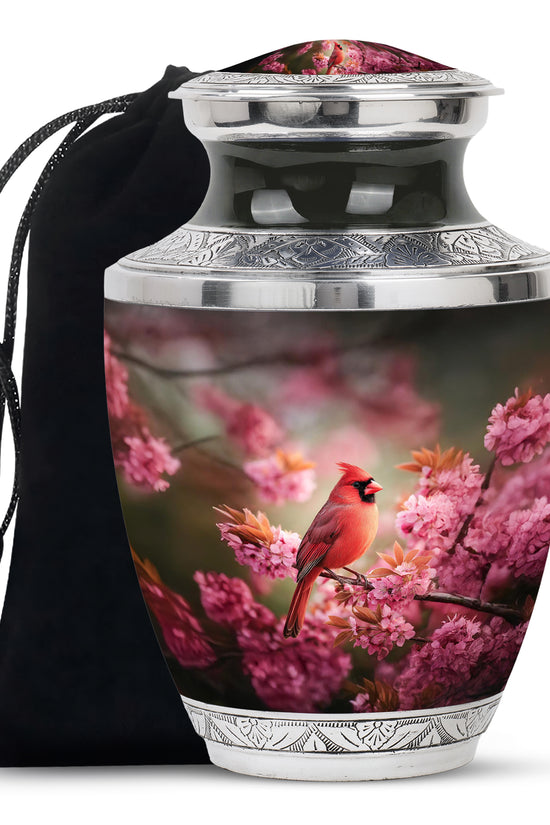 Pink Floral Cardinal Cremation Urn - Decorative Memorial Urn For Burial