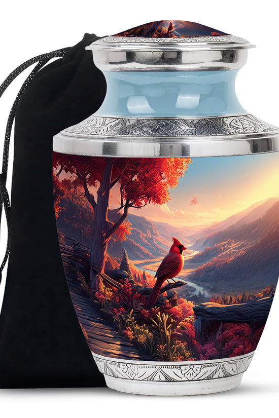 Beautiful Red Cardinal Bird Memorial Urn - Beautiful Scenic Mountain Funeral Urn For Ashes