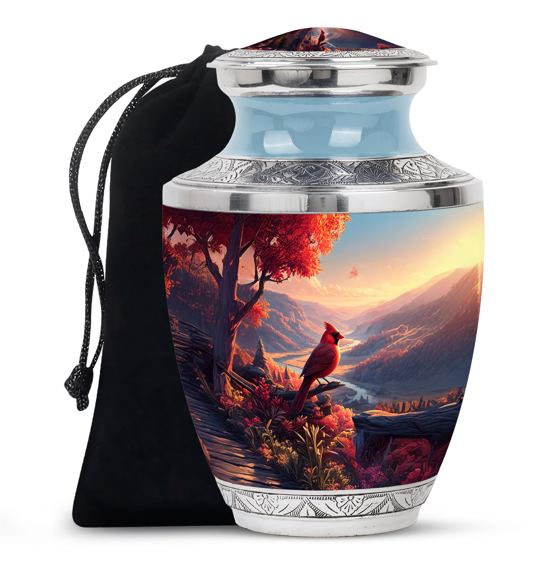 Beautiful Red Cardinal Bird Memorial Urn - Beautiful Scenic Mountain Funeral Urn For Ashes