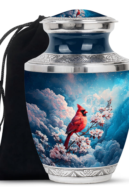 Red Cardinal Bird Cremation Urn - Beautiful Cherry Blossom Funeral Urn For Burial