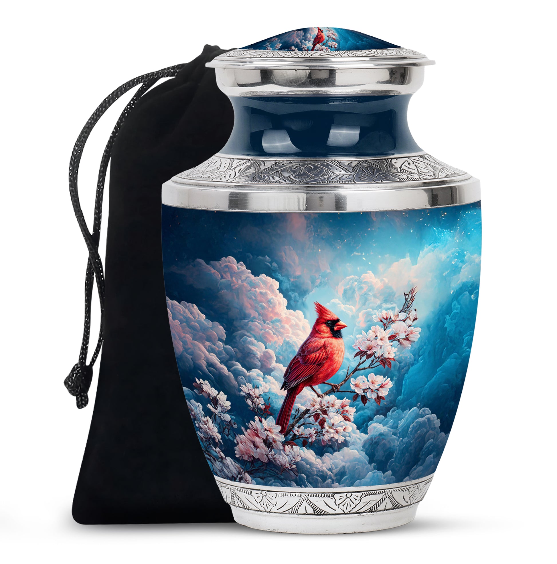 Red Cardinal Bird Cremation Urn - Beautiful Cherry Blossom Funeral Urn For Burial