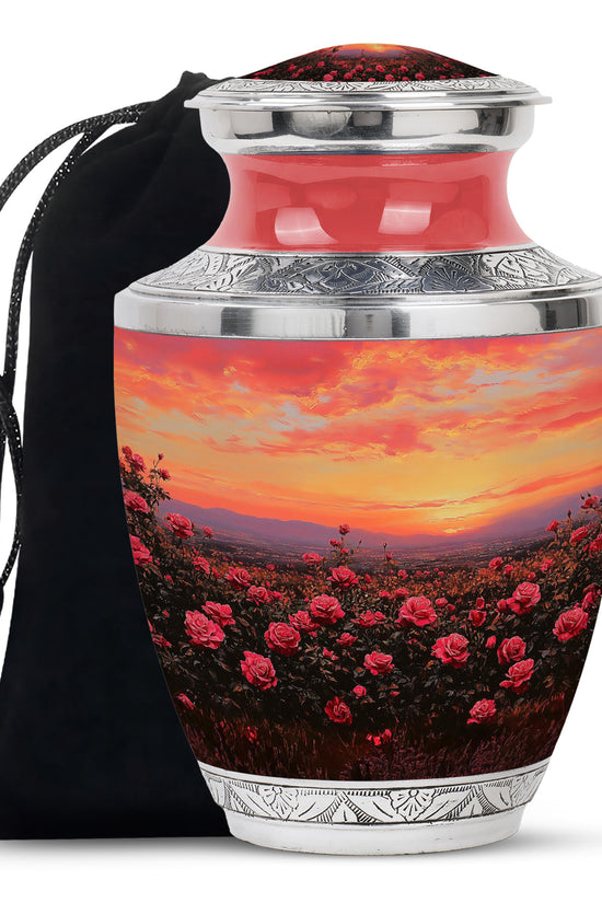Red Rose Field Cremation Urn - Sunset Funeral Urn For Human Ashes
