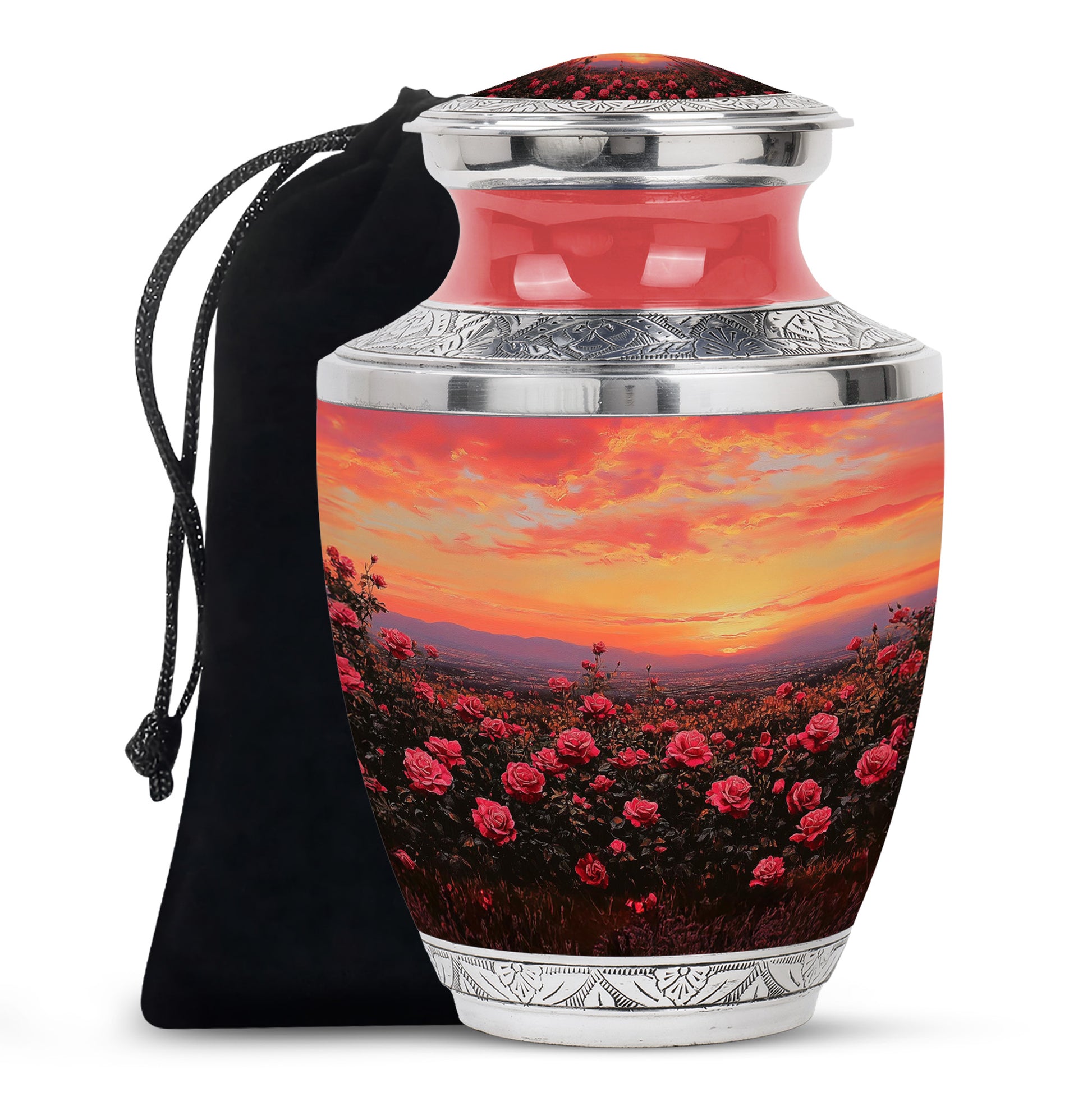 Red Rose Field Cremation Urn - Sunset Funeral Urn For Human Ashes