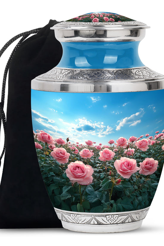 Pink Rose Field Memorial Urn - Blue Sky Cremation Urn For Loved Ones