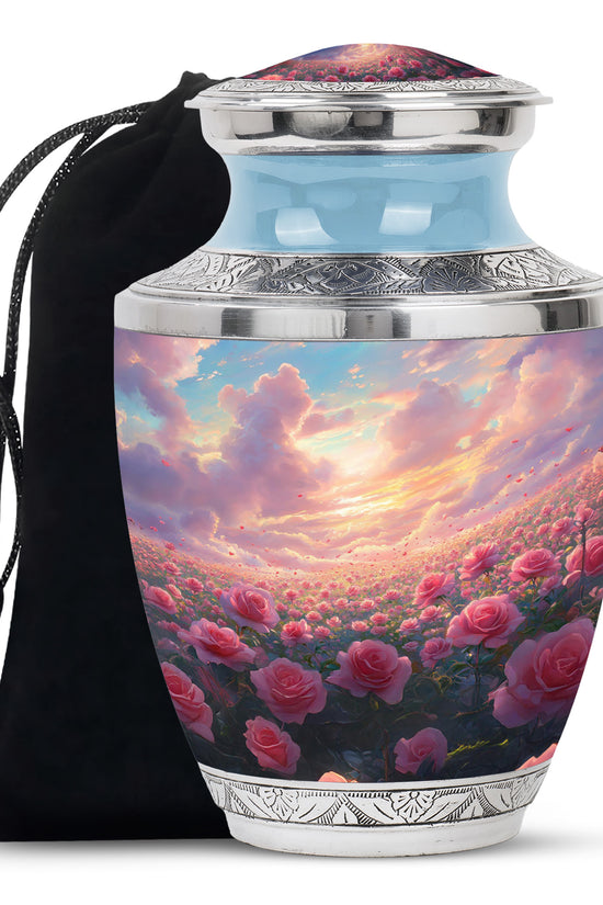 Pink Rose Landscape Memorial Urn - Beautiful Sunset Cremation Urn For Human Ashes