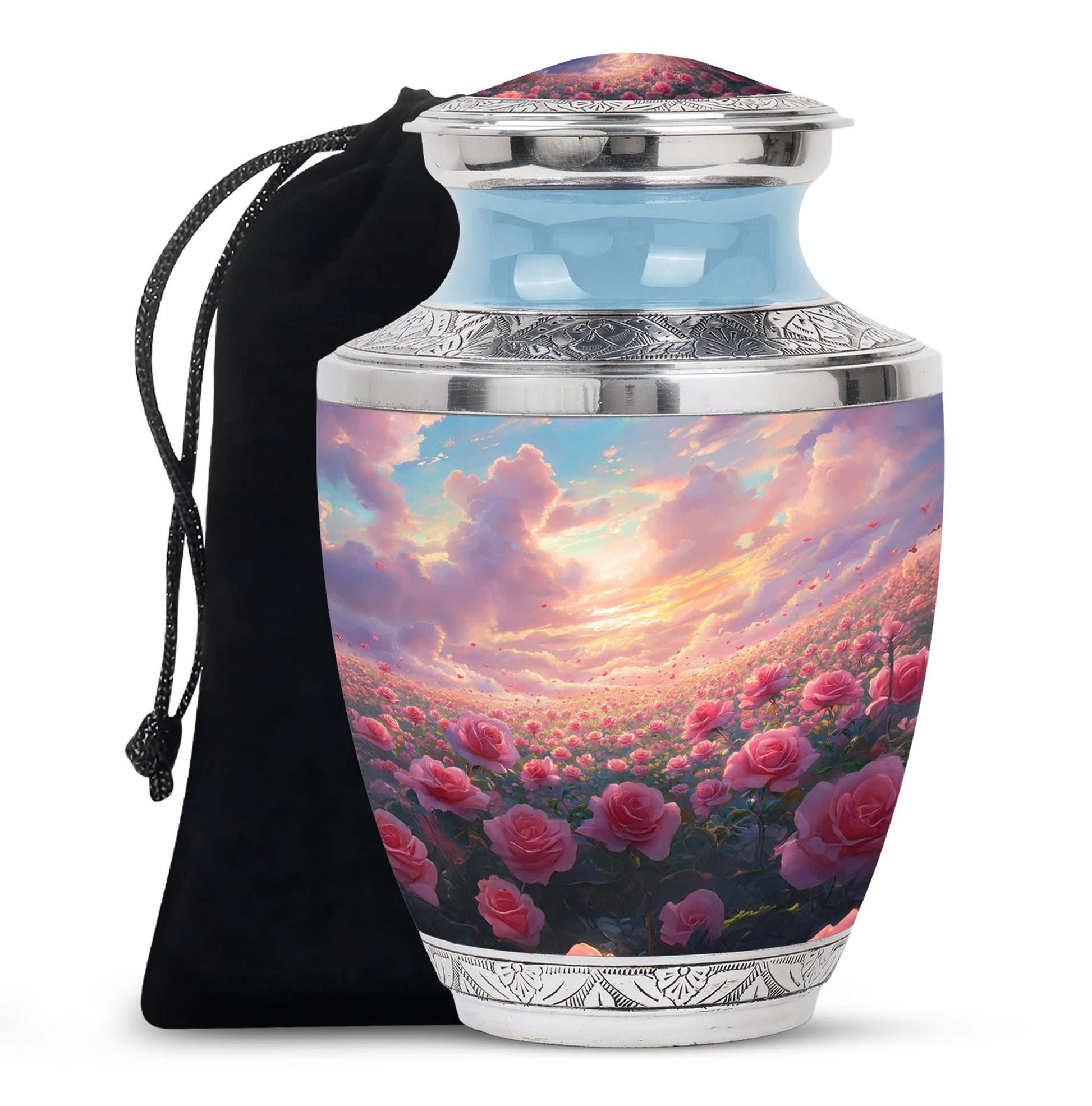 Pink Rose Landscape Memorial Urn - Beautiful Sunset Cremation Urn For Human Ashes