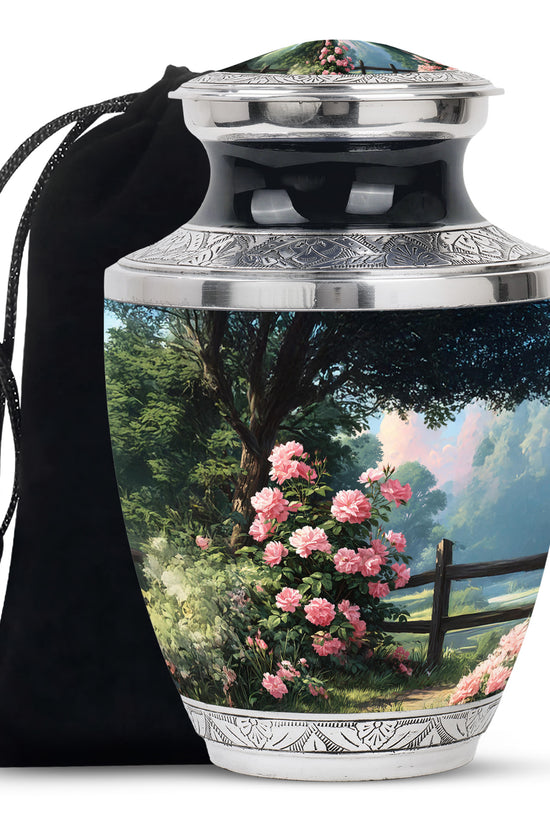 Pink Rose Garden Cremation Urn - Floral Memorial Urn For Female