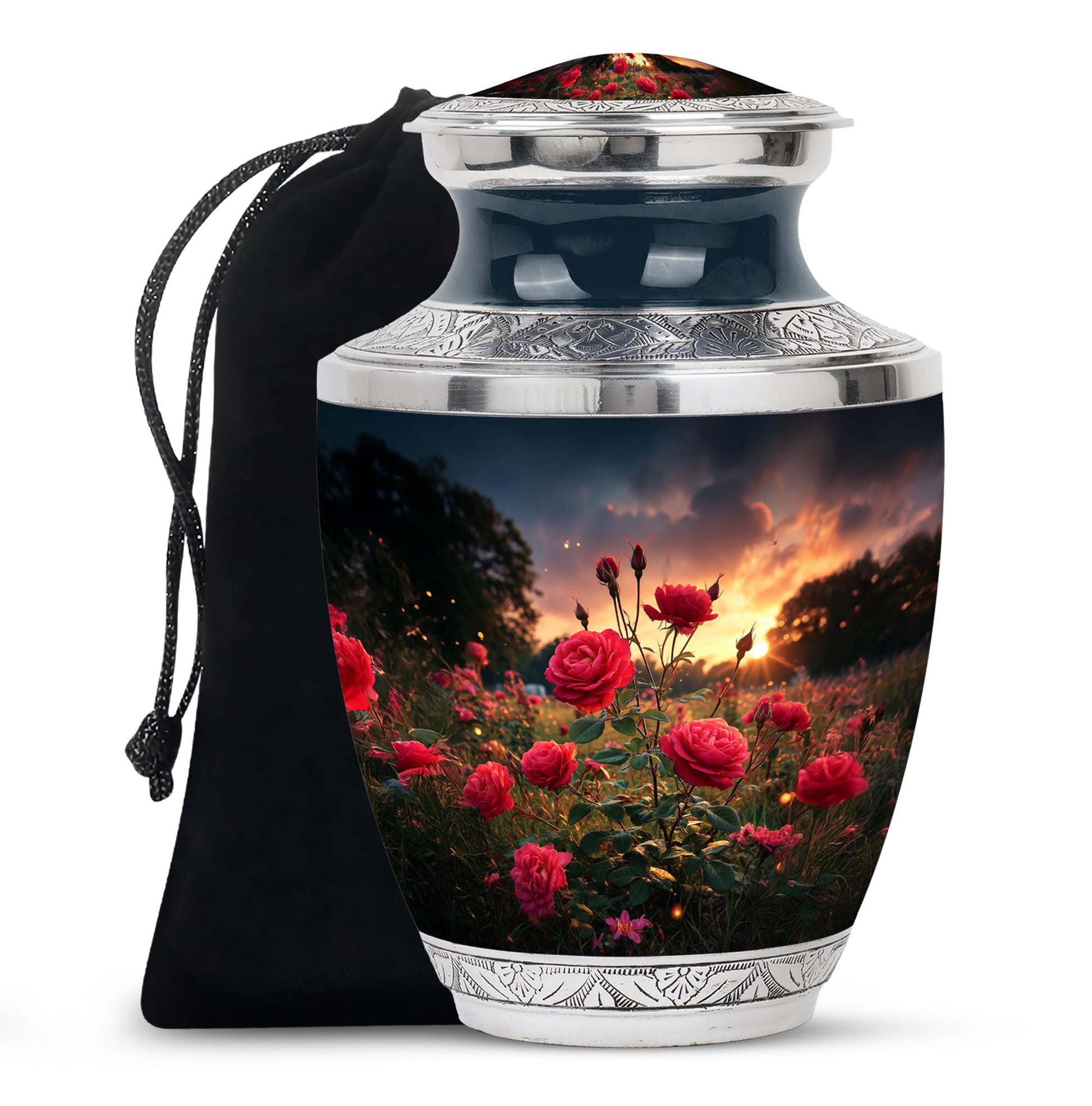 Rose Memorial Urn - Black Aluminium Funeral Urn For Human Ashes