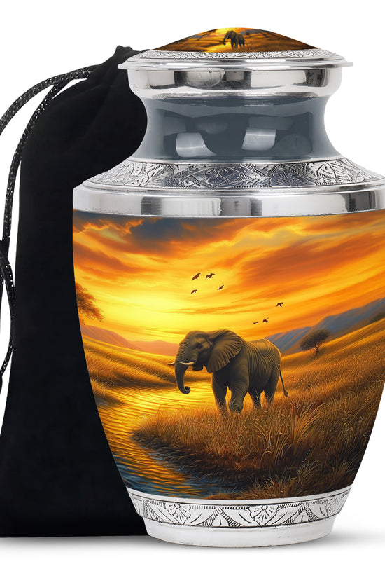 Elephant Tribute Cremation Urn – Sunset Landscape Memorial Urn for Dad & Mom
