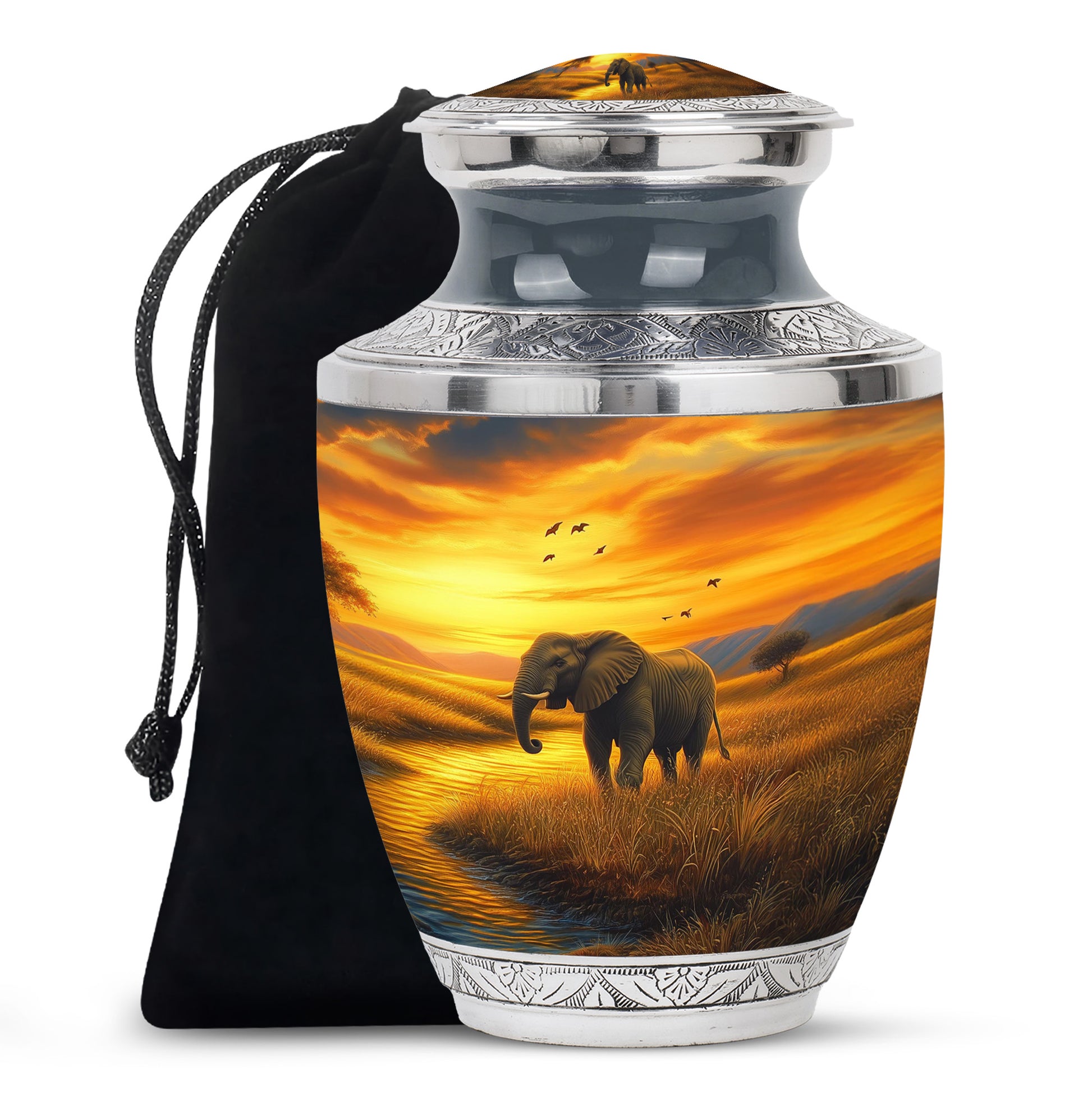 Elephant Tribute Cremation Urn – Sunset Landscape Memorial Urn for Dad & Mom