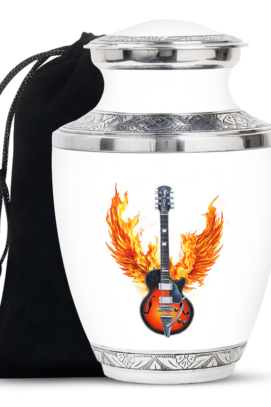White flaming Guitar Urn - Beautiful Cremation Urns For Human Ashes