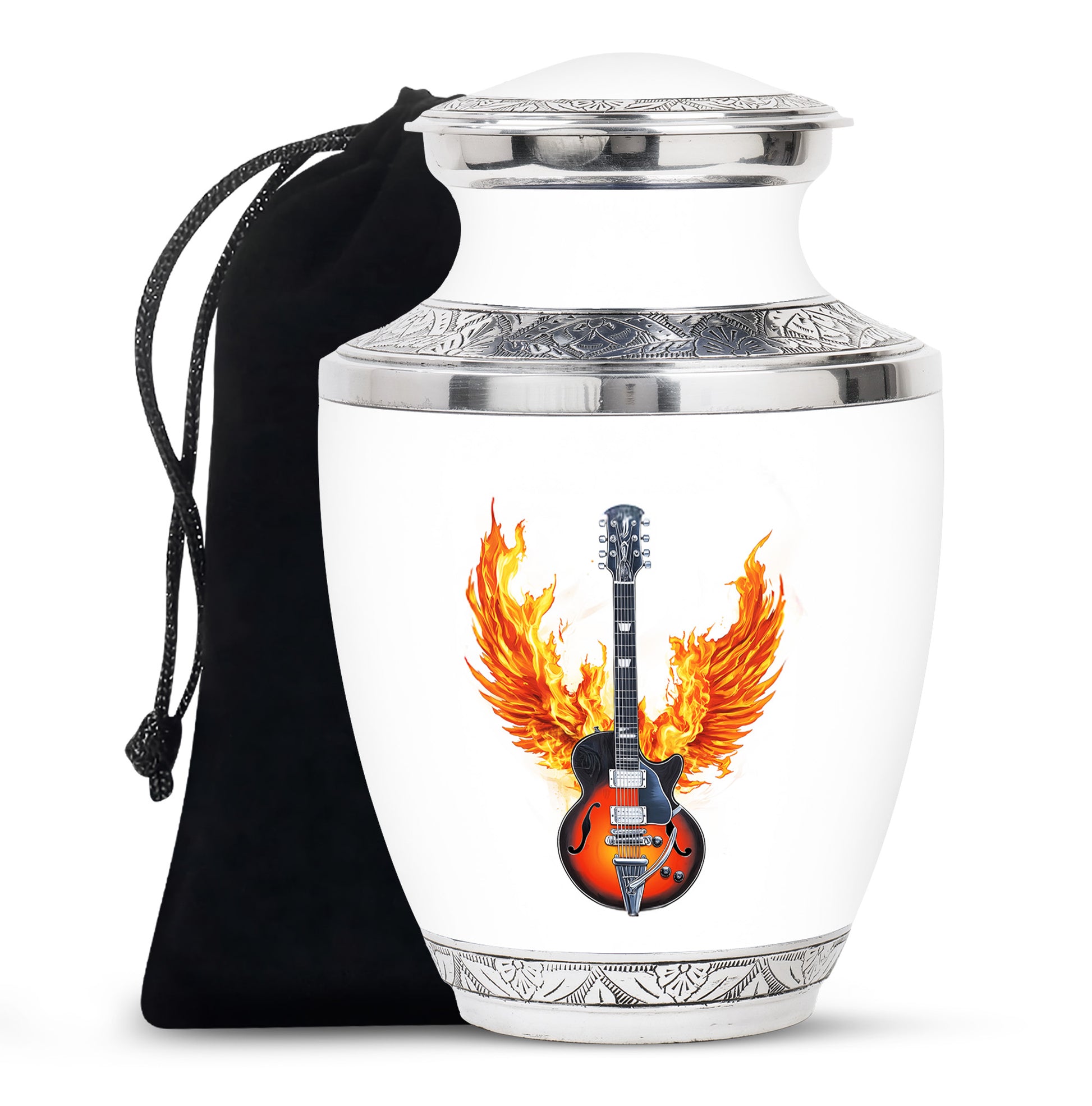 White flaming Guitar Urn - Beautiful Cremation Urns For Human Ashes