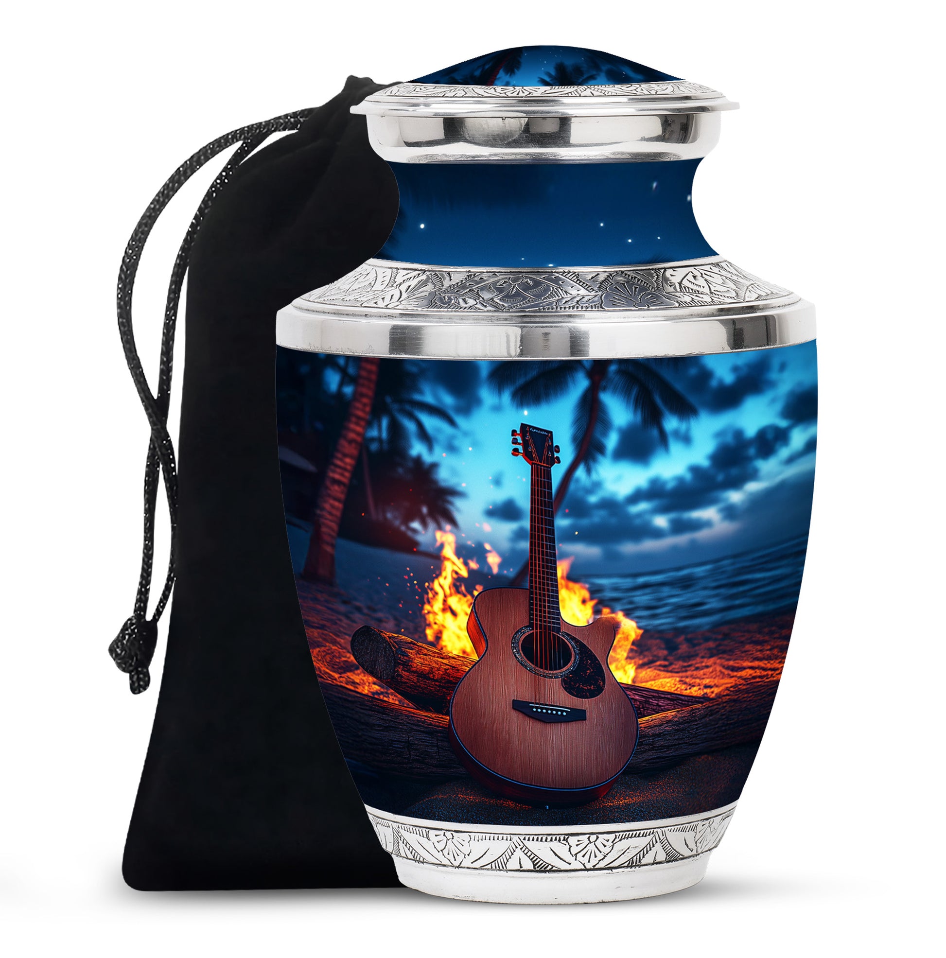 Guitar Night Scenic Cremation Urn - Beach Burial Urns For Music Lovers
