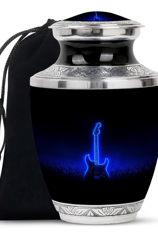 Blue Neon Guitar Cremation Urn - Musical Memorial Urn For Dad Ashes
