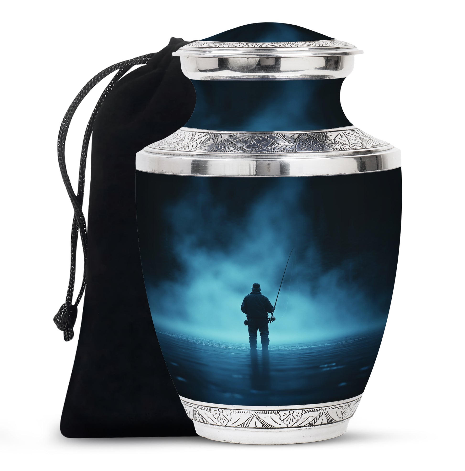 Old Man Fishing Urn - Beautiful Blue Night Funeral Urns For Ashes