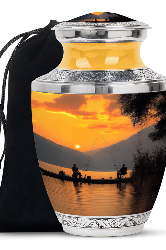 Fishing Buddy Memorial Cremation Urn - Handmade Golden Sunset Lake Urn For Human Ashes