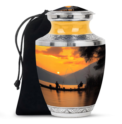 Fishing Buddy Memorial Cremation Urn - Handmade Golden Sunset Lake Urn For Human Ashes