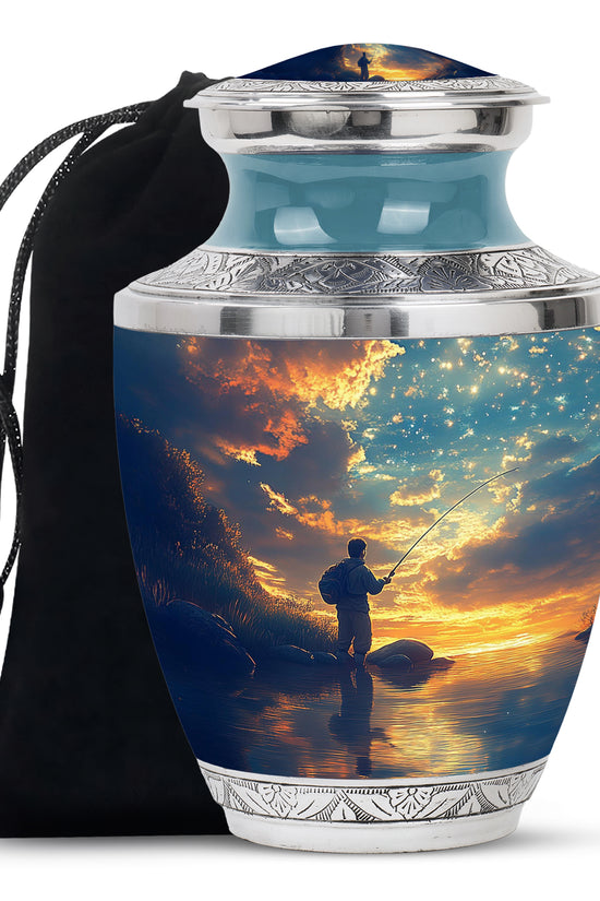 Lakeside Fisherman Silhouette Urn - Blue Sky Memorial Urn For Human Ashes