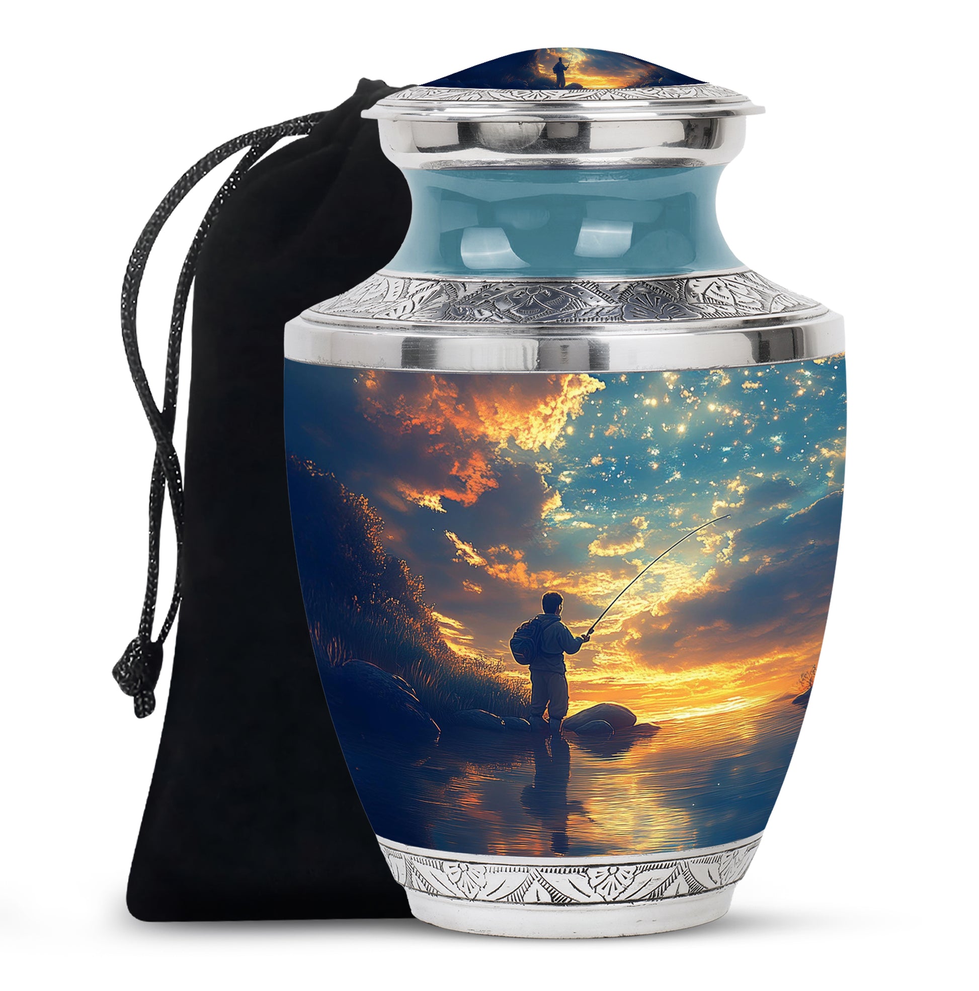 Lakeside Fisherman Silhouette Urn - Blue Sky Memorial Urn For Human Ashes