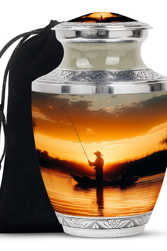 Fisherman Sunset Memorial Urn - Aluminum Cremation Urn For Burial