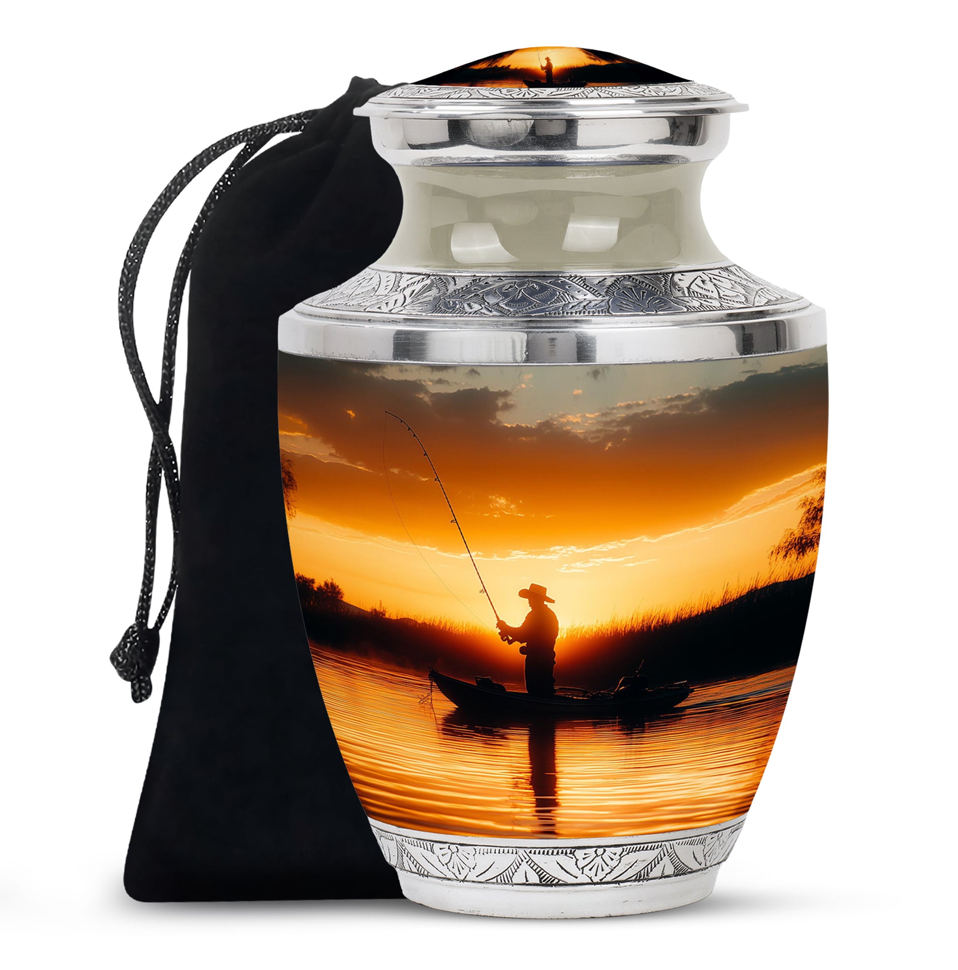 Fisherman Sunset Memorial Urn - Aluminum Cremation Urn For Burial