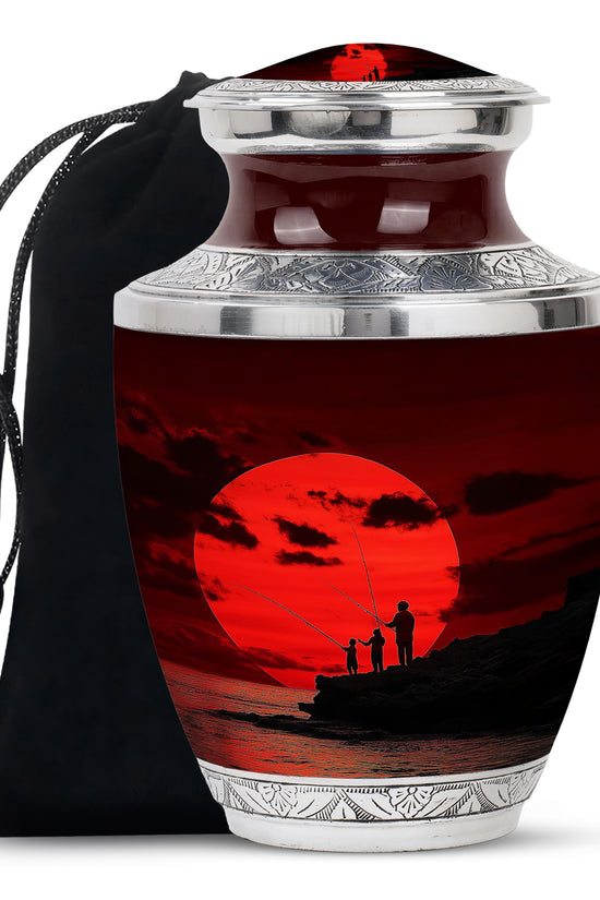 Family Fishing Memorial Urn - Red Sunset Funeral Urn For Loved Ones