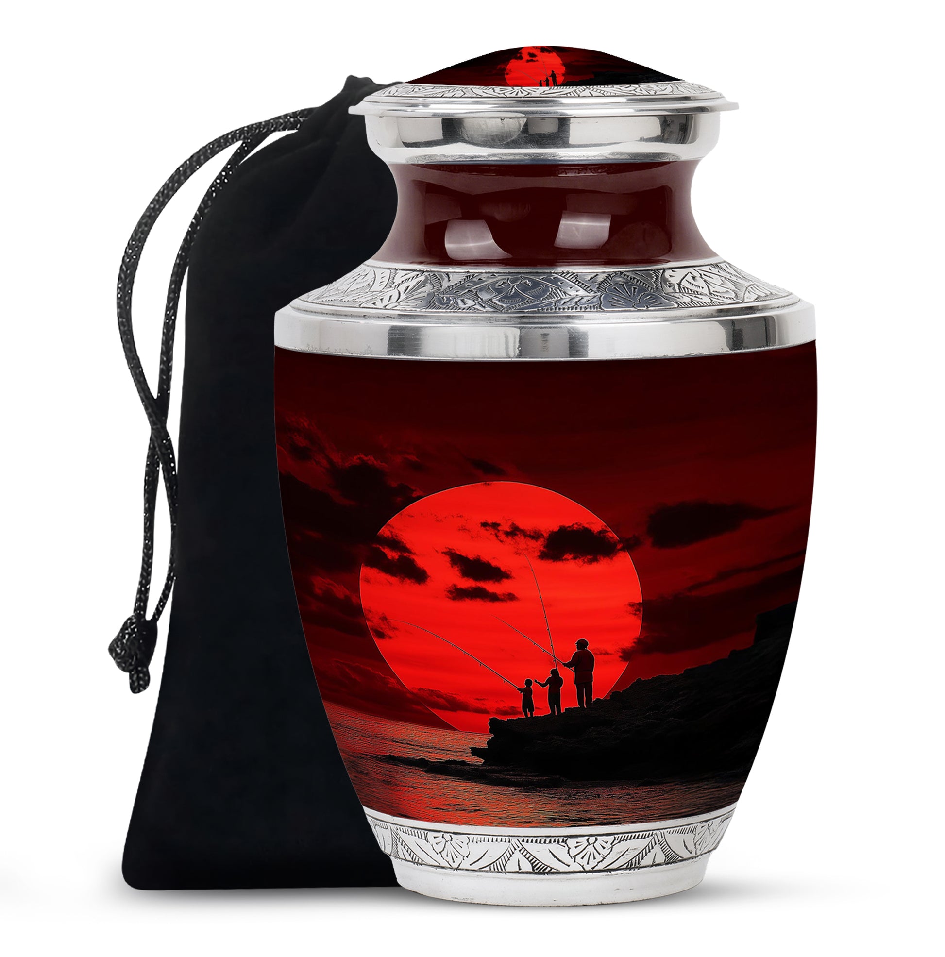 Family Fishing Memorial Urn - Red Sunset Funeral Urn For Loved Ones