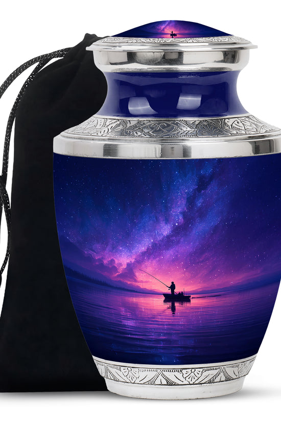 Galaxy Night Fishing Funeral Urn - Scenic Lake Cremation Urn For Dad