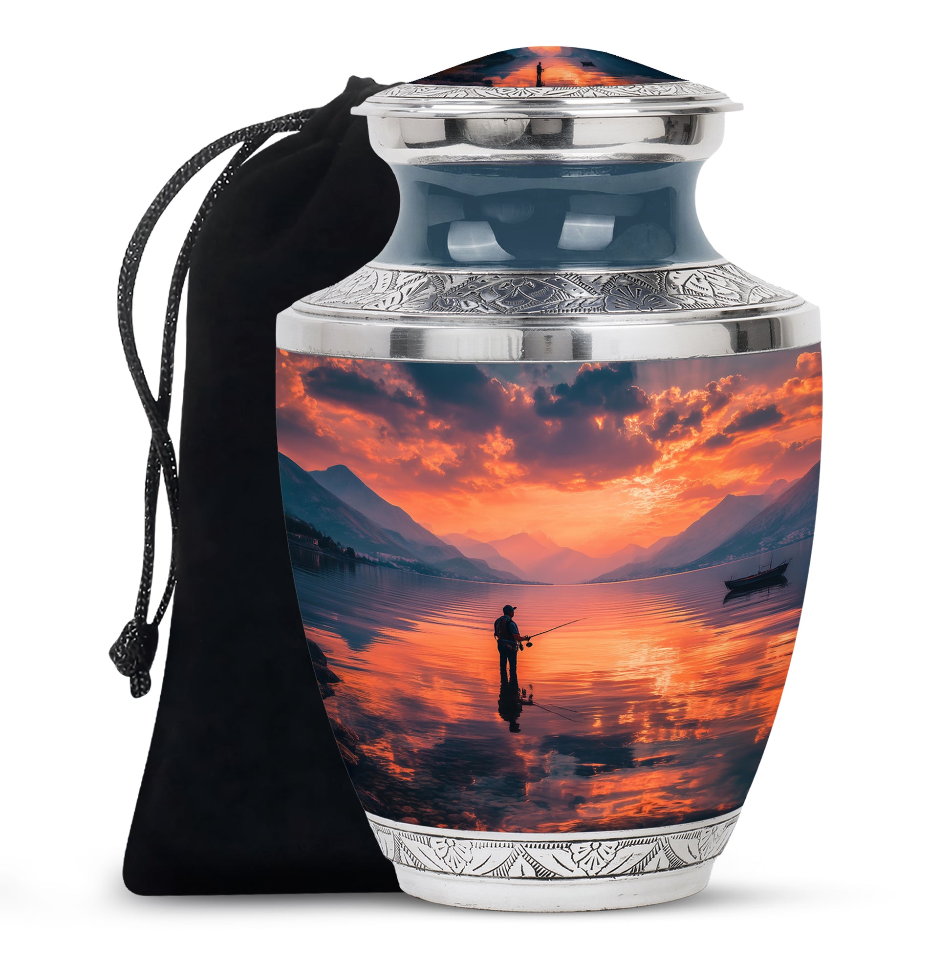 Peaceful Fishing Cremation Urn - Sunset Lake Memorial Urn For Human Ashes