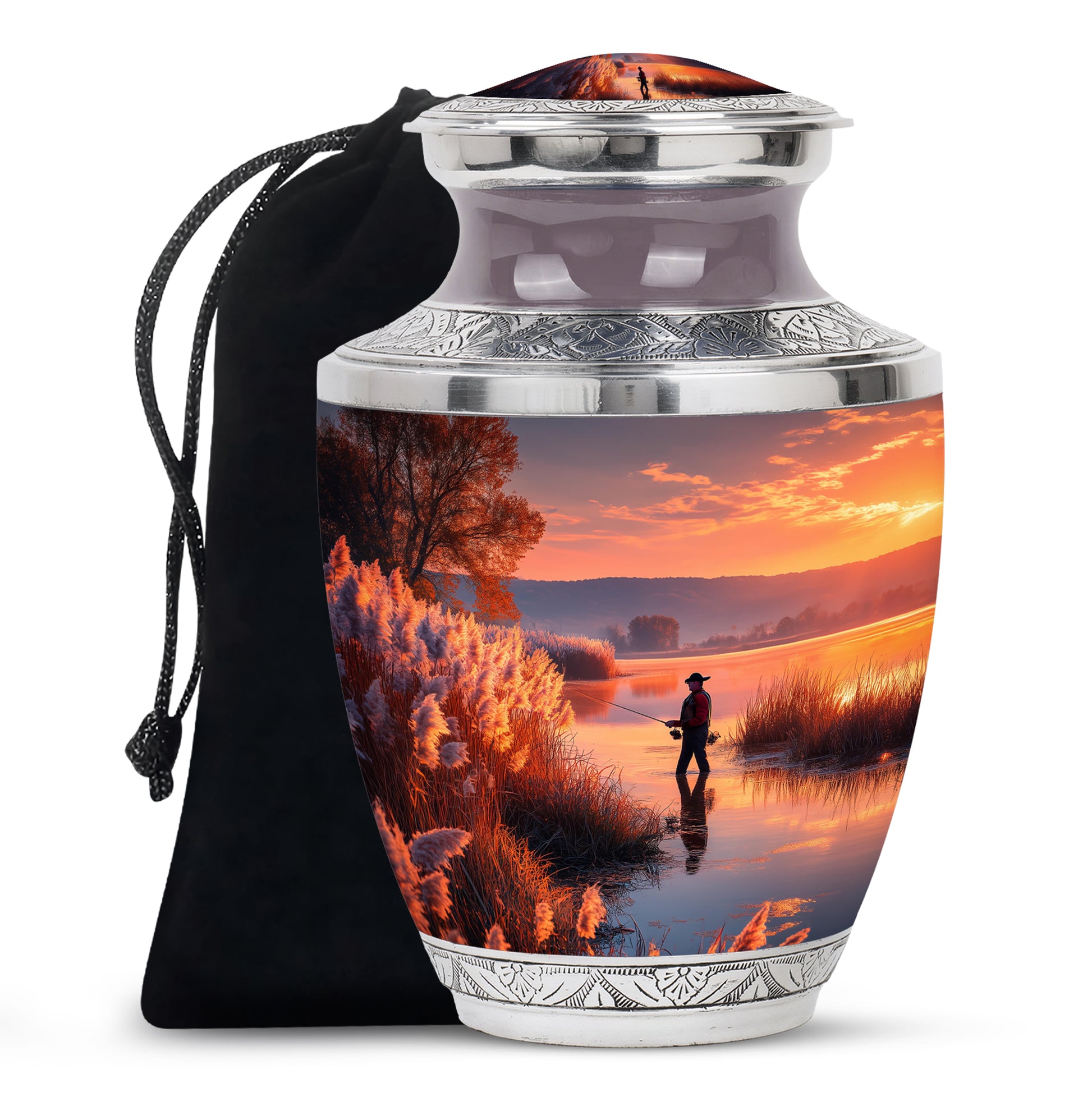 Farm Fishing Funeral Urn - Golden Sunset Cremation Urn For Burial