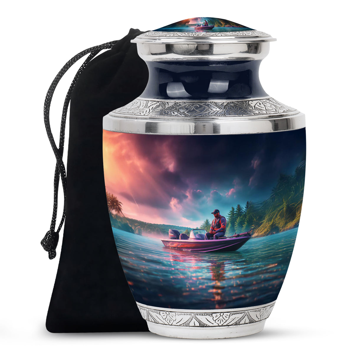 Fishing Boat Funeral Urn - Peaceful Lake Memorial Urn For Adult Ashes