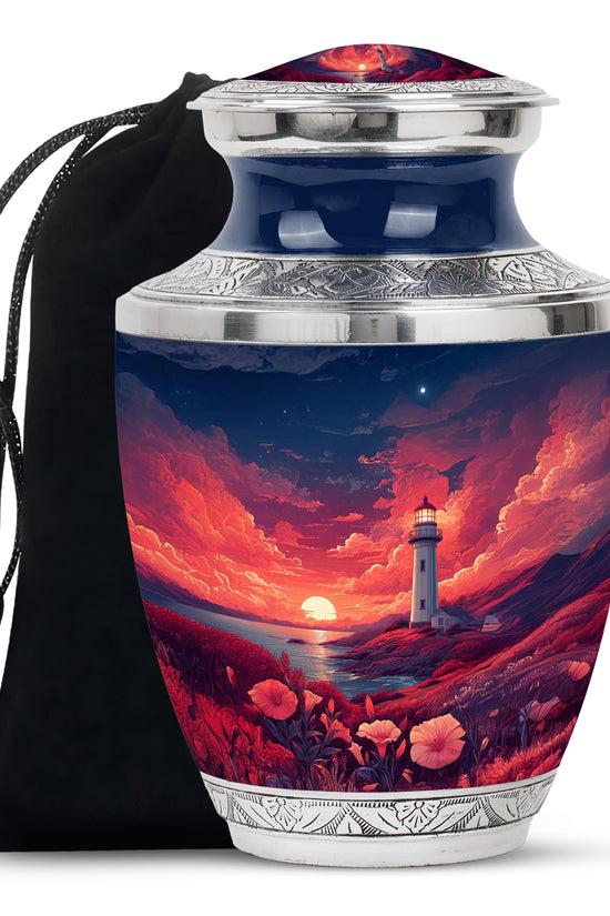 Red Sunset Ocean Lighthouse Urn - Beautiful Memorial Urn For Loved Ones