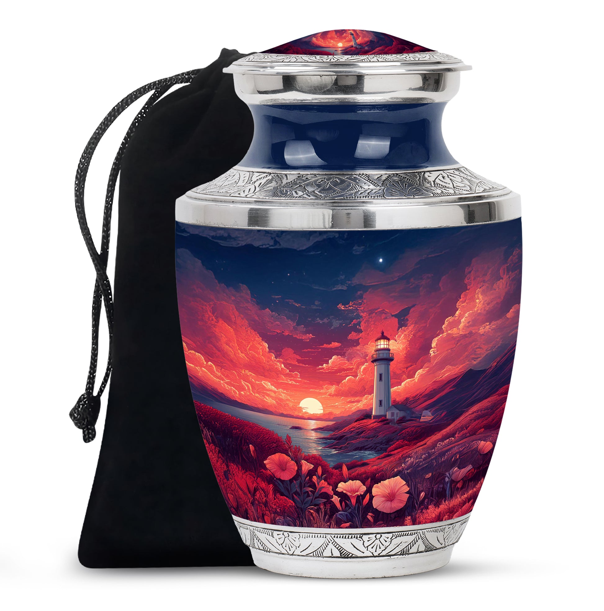 Red Sunset Ocean Lighthouse Urn - Beautiful Memorial Urn For Loved Ones