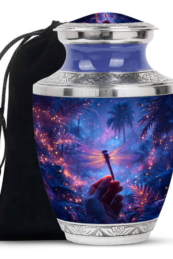 Neon Dragonfly Cremation Urn - Glowing Forest Memorial Urn For Adult Ashes