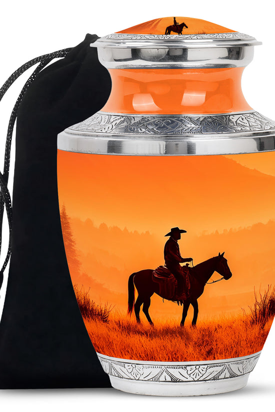 Sunset Cowboy Silhouette Urn - Orange Memorial Urn For Human Ashes