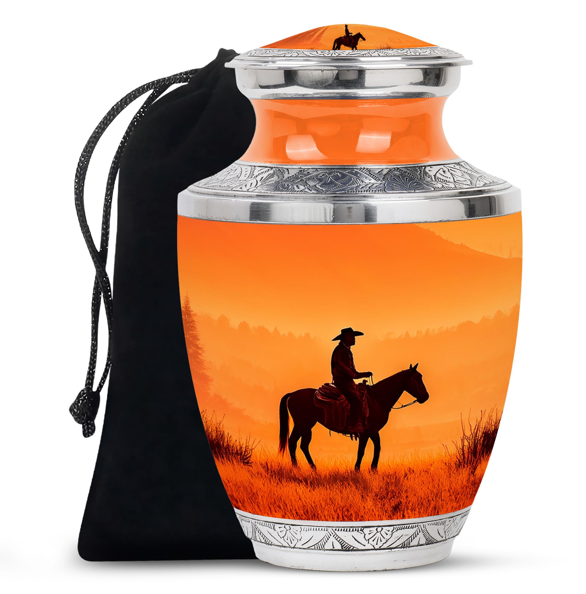 Sunset Cowboy Silhouette Urn - Orange Memorial Urn For Human Ashes