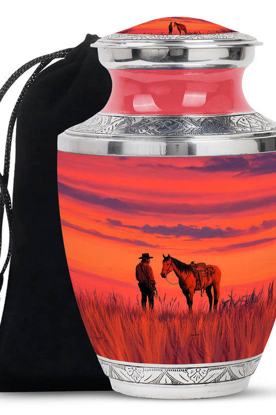 Cowboy Horse Field Memorial Urn - Sunset Cremation Urn For Dad Ashes