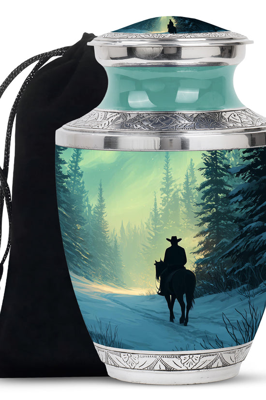 Cowboy in Snow Urn - Beautiful Sunrise Cremation Urns For Human Ashes