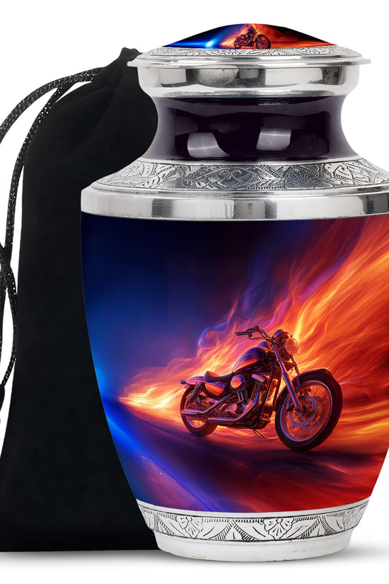 Flaming Motorcycle Urn - Biker Cremation Urn For Human Ashes