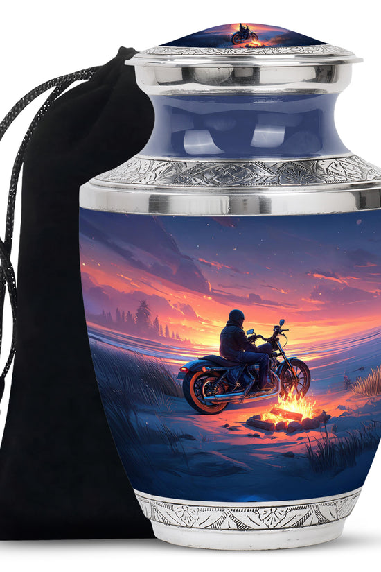 Sunset Motorcycle Rider Cremation Urn - Bonfire Funeral Urn For Loved Ones