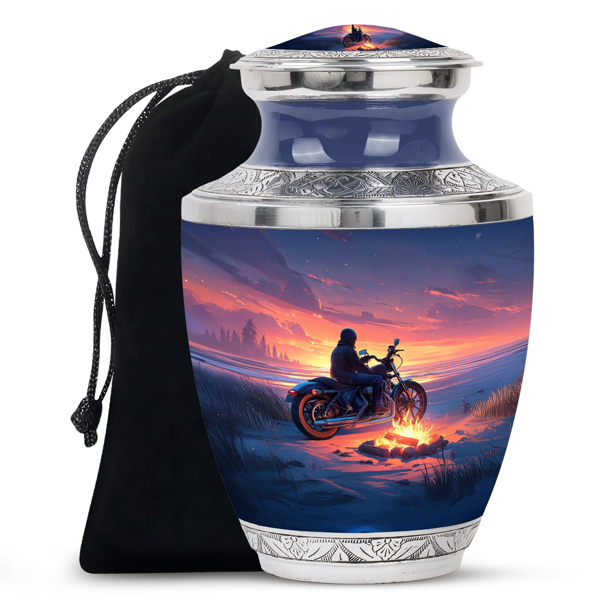 Sunset Motorcycle Rider Cremation Urn - Bonfire Funeral Urn For Loved Ones