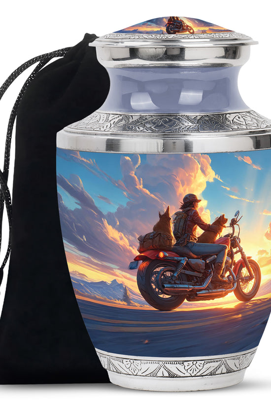 Sunset Bike Ride Memorial Urn - Beautiful Mountain Funeral Urn For Men