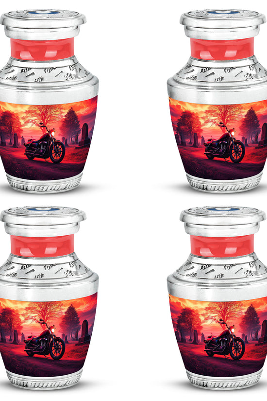 Deep Red Bike Cremation Urn back view with polished surface - contemporary bike design with modern artistic flair - 10 inch aluminum urn for cremated remains