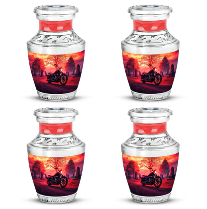 Deep Red Bike Cremation Urn back view with polished surface - contemporary bike design with modern artistic flair - 10 inch aluminum urn for cremated remains